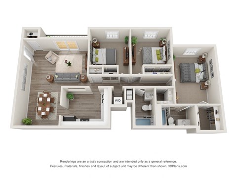 3 Bedroom Floorplan | 1,381 Sq. Ft. at Pines at Lawrenceville Apartments in Decatur, 30033